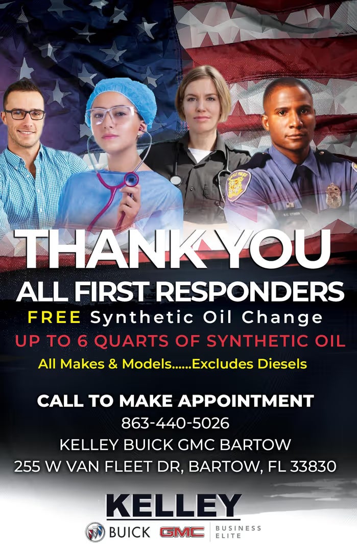 Ad for first responder benefits: four diverse individuals (a man, female nurse, female EMT, male police officer) stand before an American flag.